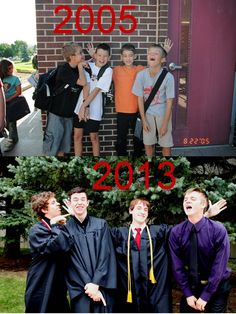 two pictures, one with kids and the other has graduation gowns on it's shoulders