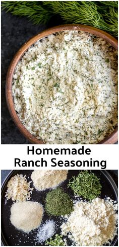 homemade ranch seasoning in a wooden bowl and on a black plate next to the recipe