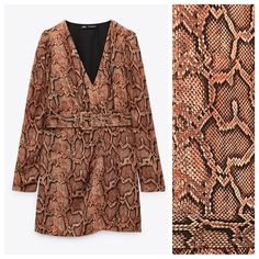 Nwt. Zara Satin Effect Snake Print Belted Mini Wrap Dress With V-Neckline, Long Sleeves, Front Wrap Closure With Metal Hook And Button, Matching Material Belt. Size L. Ref. 8342/336. Pit To Pit 17" Flat, Shoulders 13,5", Sleeves 26", Waist 15", Length 34". V Brown Belted Dress For Date Night, Brown V-neck Mini Dress For Date Night, Zara Brown V-neck Mini Dress, Zara Brown V-neck Dress, Zara Long Sleeve Brown Dress, Brown V-neck Mini Dress For Work, Zara Brown Dress For Fall, Belted Brown Dress For Fall, Brown Belted Dress For Fall