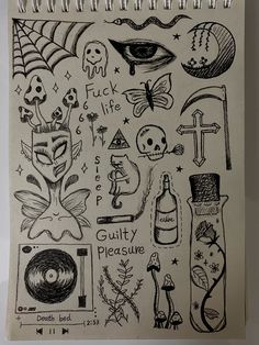 a notebook with drawings on it and some other things in the pages, all drawn by hand