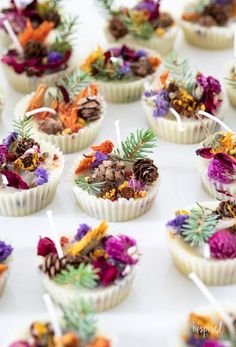 cupcakes decorated with edible flowers and pine cones are on a white tablecloth