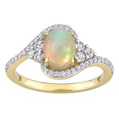 Featuring a captivating, lab-created opal cabochon accented by dazzling lab-created white sapphire and diamond accents, this unique ring is sure to become a jewelry-collection favorite. Featuring a captivating, lab-created opal cabochon accented by dazzling lab-created white sapphire and diamond accents, this unique ring is sure to become a jewelry-collection favorite. Metal: 10k gold Packaging: boxed Width: 10.9 mm Finish: polishedSTONE DETAILS Stone type: opal, white sapphire Total weight: 1 c Fine Jewelry Opal Ring With Accent Stones, Ethiopian Opal Oval Rings For Anniversary, Formal Opal Rings With Gemstone Accents, Yellow Gold Opal Ring With Gemstone Accents, Oval Ethiopian Opal Ring For Anniversary, Opal Ring With Gemstone Accents For Anniversary, Opal Ring With Diamond Accents For Formal Occasions, Oval Cabochon Opal Ring With Accent Stones For Anniversary, Fine Jewelry Opal Ring With Multi-stone Round Cut