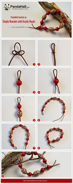 the instructions for making beaded bracelets with red beads and brown leather cord, are shown