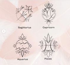 four different types of zodiac signs on a pink background with white feathers and leaves around them