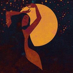 a painting of a woman holding the moon above her head with stars in the background