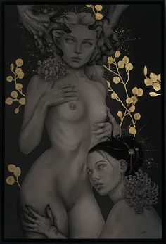 two nude women with gold leaves on their head and one woman's face in the background