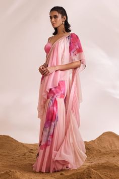 Pink abstract floral printed ruffle pre-draped saree with embellished borders. Comes with coordinating sequin, tassel blouse. - Aza Fashions Sequined Blouse, Tassel Blouse, Drape Saree, Indian Couture, Printed Saree, Western Wedding, Wedding Service, Printed Sarees, Bride Bridal