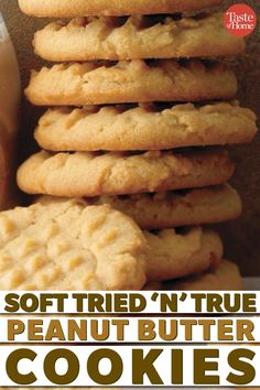 soft fried'n'true peanut butter cookies are stacked on top of each other