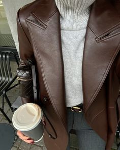 Paris January Outfit, Burgundy Nails Aesthetic, Blazer Fall Outfits, Brown Aesthetic Outfits, Leather Blazer Outfits, Aesthetic Classy Outfit, Brown Turtleneck Outfit, Chocolate Brown Outfit, Brunette Vibes