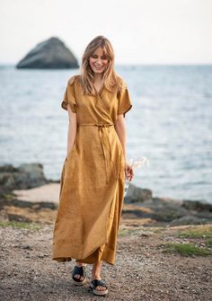 Maxi linen wrap dress Delilah 2 Wrap Dress Maxi, Linen Beach Dress, Dress With Kimono, Casual Cottagecore, Maxi Summer Dress, Natural Linen Dress, Linen Wrap Dress, Linen Kimono, Long Linen Dress