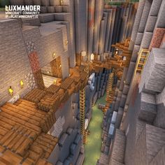 the inside of a large building with lots of wooden floors and walls, in a minecraft environment