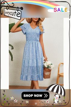 Light Blue V Neck Pleated Chiffon Floral Dress Chiffon Floral Dress, Floral Chiffon Dress, Chiffon Floral, Pleated Chiffon, Dresses Floral, Floral Dresses, Blue V, Floral Chiffon, Women Dresses