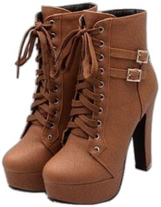 Casual Brown Winter Heels, Winter Brown Platform Heels, Brown High Ankle Heels For Spring, Brown Heels With Buckle Closure For Fall, Brown Lace-up Summer Boots, Brown Lace-up Boots For Summer, Brown Synthetic Heels For Winter, Brown Synthetic Heels For Fall, Stacked Heel Ankle Boots