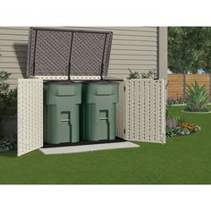 an outdoor storage area with two trash cans