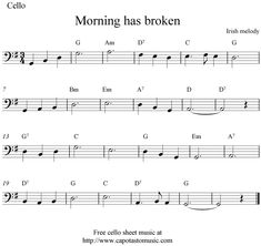 Morning has broken, free cello sheet music notes Beginner Cello Sheet Music, Cello Music For Beginners, Cello Sheet Music For Beginners, Learning Cello, Cello Notes, Cello Practice, Free Guitar Sheet Music, Sheet Music With Letters