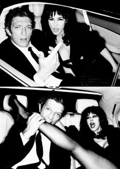 black and white photo of two people sitting in a car with one woman sticking her tongue out