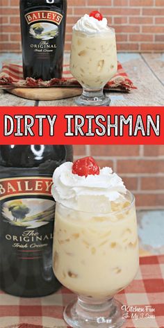 two glasses filled with ice cream and topped with whipped cream next to a bottle of bailey's irish cream