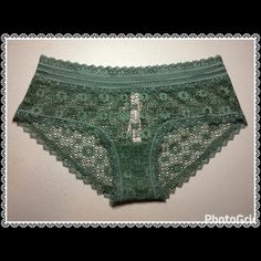 Simply Beautiful! Color: Cadette Green. Green Lace Stretch Bottoms, Green Stretch Lace Bottoms, Green Lace Bottoms For Spring, Green Stretch Bottoms With Lace Trim, Floral Crochet, Simply Beautiful, Crochet Lace, Women's Intimates, Victoria's Secret