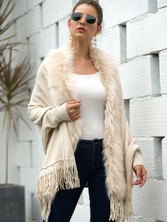 Debbie Fur Collar Bohemian Oversized Women Cardigan Oversized Long Sleeve Fringe Outerwear, Winter Long Sleeve Outerwear With Tassels, Winter Outerwear With Tassels And Long Sleeves, Oversized Fringe Sweater For Winter, Oversized Long Sleeve Outerwear With Tassels, Oversized Tasseled Outerwear With Long Sleeves, Cozy Winter Cape, Chic Winter Shawl Cape, Chic Winter Fringe Outerwear