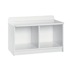 a white shelf with two open compartments