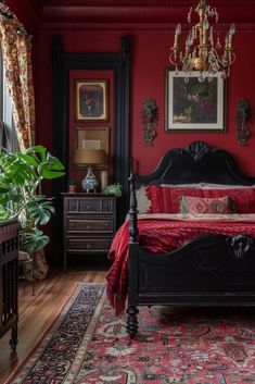 a bed room with a neatly made bed and red walls