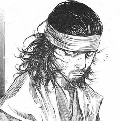 a black and white drawing of a man with a bandana on his head looking down