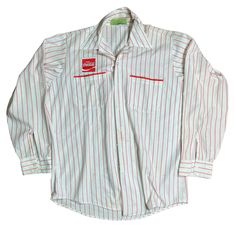 Vintage Circa 1970's Coca Cola Unitog Union Made Work Wear Longsleeve Striped Shirt - Large Back Patch. It measures 24 inches wide at its arm pits and about 30 inches top to bottom. Retro White Long Sleeve Shirt, Vintage White Shirt For Workwear, Vintage White Shirt For Work, Vintage Style White Shirt For Work, 1970s Long Sleeve Cotton Shirt, 1970s Style Long Sleeve Cotton Shirt, Retro Long Sleeve Workwear Shirt, Arm Pits, Union Made