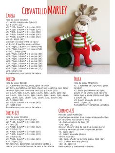 a crocheted stuffed animal is shown in the form of a reindeer with red pants and striped sweater