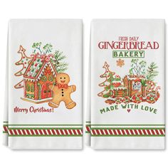 two kitchen towels with gingerbread designs on them