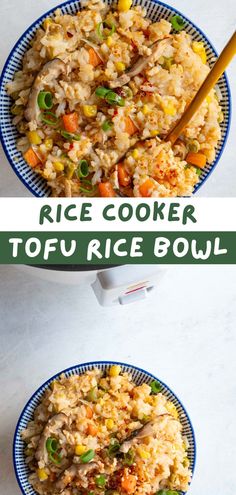 rice cooker tofu rice bowl with chopsticks in it and another side dish