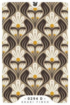 the back side of a card with an art deco design on it, featuring brown and white flowers