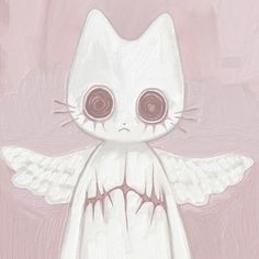 a painting of a white cat with big eyes and wings on it's body