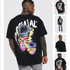 Black Oversized Trippy Skull Graphic T-Shirt With Design On Back 100% Cotton Length: 30 Inches Bust: 24.5 Inches Never Worn / Perfect Condition Trendy Oversized Skull Print Tops, Trendy Oversized Tops With Skull Print, Casual Skull Print T-shirt For Streetwear, Black T-shirt With Front And Back Print For Summer, Summer Black T-shirt With Front And Back Print, Black Skull Print Hip Hop Top, Black Hip Hop Top With Skull Print, Oversized Casual Top With Skull Print, Urban Black T-shirt For Halloween