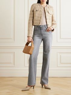 VERSACE High-rise straight-leg jeans | NET-A-PORTER Cropped Tees, Denim Chic, Versace Outfit, Sporty Casual, Scooped Neckline, Denim Collection, Sports Suit, Grey Denim, Wardrobe Basics