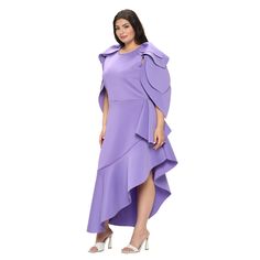 The asymmetrical hemline and unique cascading sleeves add a modern twist, making this dress a standout choice for any special occasion. Lavender Ruffled Formal Dress, Spring Wedding Guest Dress With Cape Sleeves, Purple Asymmetrical Evening Midi Dress, Purple Asymmetrical Evening Dress, Asymmetrical Purple Evening Dress, Chic Lavender Midi Dress With Ruffles, Elegant Purple Asymmetrical Dress, Elegant Asymmetrical Purple Dress, Chic Purple Midi Dress With Asymmetrical Hem