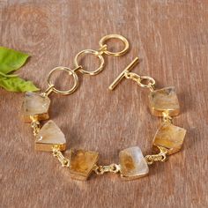 Raw Citrine Bracelet, 18k Gold Plated Bracelet, Handmade Bracelet, Natural Stone Bracelet, Adjustable Bracelet, Birthday Gift Jewelry Recycled Bracelets, Raw Citrine, Citrine Bracelet, Fancy Stones, Brass Bracelet, Natural Stone Bracelets, Citrine Stone, Citrine Gemstone, Gold Plated Bracelets