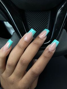 teal blue french tip nails, tapered square Teal Tip Acrylic Nails, French Teal Tip Nails, French Teal Nails, Turquoise Nails Acrylic French Tips, Teal French Tip Nail Designs, Aquamarine Nails Acrylic Short, Nails Tourquise, Mint Blue French Tip Nails, Teal French Tip Nails Coffin