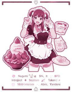 an anime character with various foods in front of her, including strawberries and ice cream