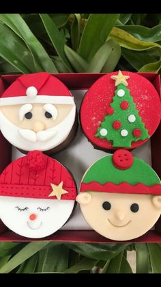 four decorated cupcakes in a red box on top of a table next to plants