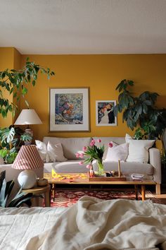 a living room filled with furniture and lots of plants on top of the couches