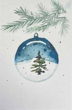 a watercolor painting of a christmas ornament hanging from a pine tree branch