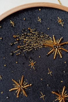 Star Chart Embroidery, Star Map Embroidery, Milky Way Embroidery, Hand Embroidered Stars, Embroidery Pictures Ideas, Embroidered Moon And Stars, Christmas Star Embroidery, Star Bead Embroidery, Meteor Embroidery