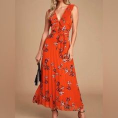 Nwt Lulus Bright Orange Red Floral Maxi Dress Sleeveless Fringed V-Neck With Button Down At Chest Back Dv With Small Zip Lined Fabric Is True To Size Does Not Stretch Please Note***Belt Is Missing.*** 14 Inches Wide At Waist 56 Inches Long 15 Inches Pit To Pit Orange Sleeveless Maxi Dress For Date Night, Red Sleeveless Floral Print Dress, Orange Sleeveless Printed Maxi Dress, Sleeveless Orange Printed Maxi Dress, Sleeveless Printed Orange Maxi Dress, Sleeveless Orange Printed Dress, Red Sleeveless Maxi Dress For Spring, Printed Sleeveless Orange Maxi Dress, Orange Printed Sleeveless Maxi Dress