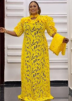 Boubou lace kaftan Madam Lace Gown Styles, Yellow Party Dress With Lace Patchwork, Yellow Lace Evening Dress, Yellow Lace Dress For Evening, Yellow Lace Dress For Party, Long Sleeve Lace Maxi Dress With Lace Work, Yellow Lace Patchwork Dresses, Yellow Lace Dresses With Lace Patchwork, Elegant Yellow Lace Dress