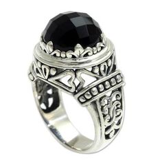 A checkerboard-cut 6-carat onyx stone commands an audience in this dramatic ring from Bali's Kadek Hendra. Equally regal are the sterling silver setting and band which incorporate traditional Balinese silver beading swirling vines and romantic hearts..925 Sterling silver Ornate Black Sterling Silver Rings, Formal Onyx Rings Stamped 925, Faceted Crystal Sterling Silver Ring For Formal Occasions, Formal Sterling Silver Ring With Large Stone, Formal Sterling Silver Rings With Large Stone, Silver Gothic Rings For Formal Occasions, Classic Sterling Silver Faceted Rings, Gothic Oval Rings For Formal Occasions, Elegant Faceted Sterling Silver Ring