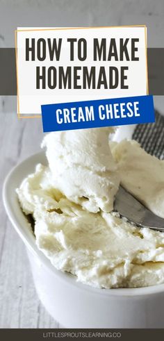 how to make homemade cream cheese in a white bowl with a blue stripe around the edge