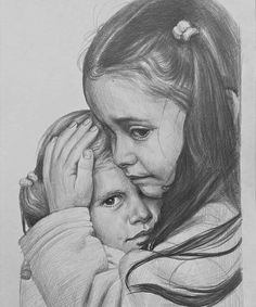 a pencil drawing of a woman holding a child's head with her hands on her chest