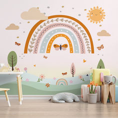 #DecoraçãoInfantil #QuartoDosSonhos #PapelDeParede #DesignBoho #MundoColorido" R 6, Boho Rainbow, Baby Room, Kids Rugs, Mural, Home Decor Decals, Rainbow, Bedroom, ? Logo