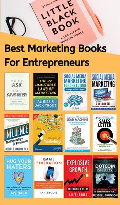 the best marketing books for entrepreneurs are on display in front of an orange background with black and white lettering