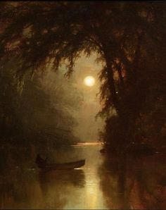 a painting of a boat on a river at night